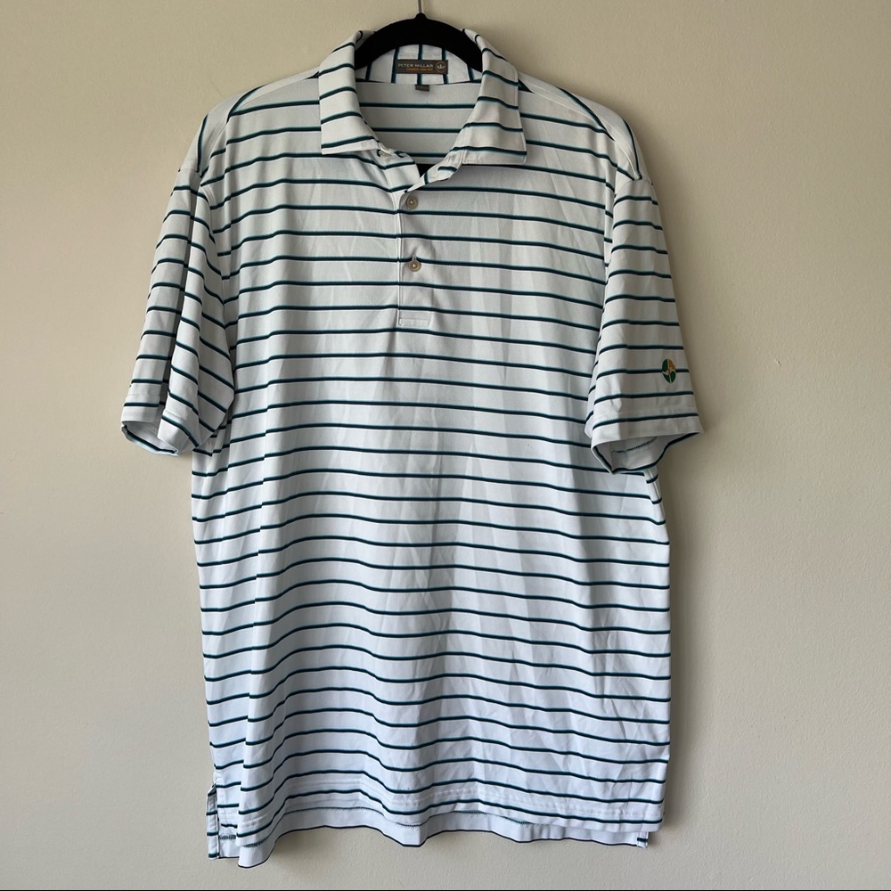 Peter Millar Summer Comfort Polo Shirt Striped White Blue Golf Poly Blend Sz L